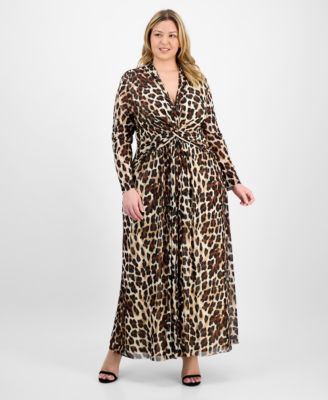Anne Klein - Plus Size Printed Mesh Long-Sleeve Maxi Dress