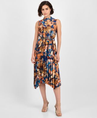 Tahari ASL - Women's Printed Pleated Sleeveless Midi Dress