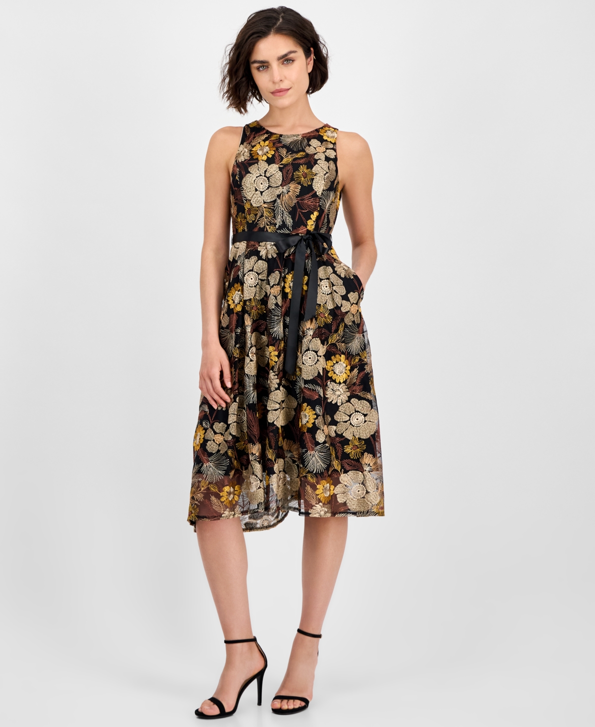 Petite Embroidered Sleeveless Fit & Flare Dress - Brown/Gold