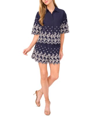 Womens Contrast Embroidered Cotton Collared Shirt Embroidered Scalloped Hem Cotton Shorts