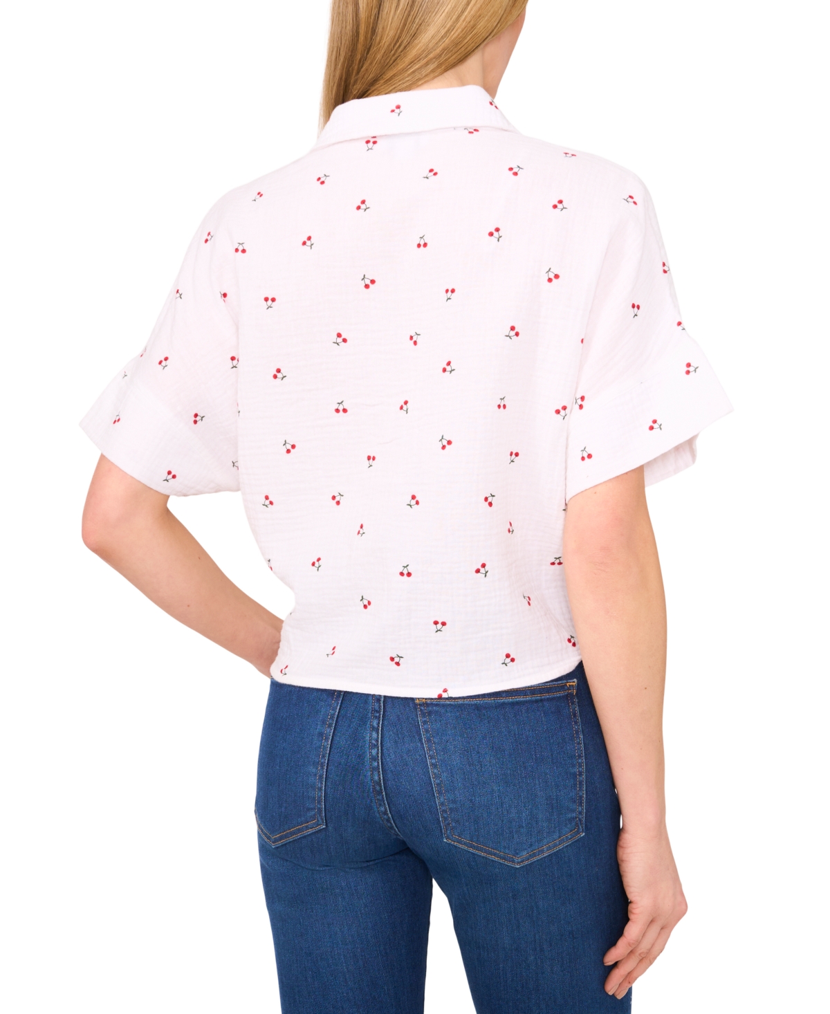 Cece Cherry Print Cotton Tie Front Button-up Shirt In White