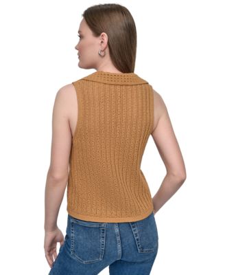 Women's Lacey Stitch Collared Sleeveless Sweater