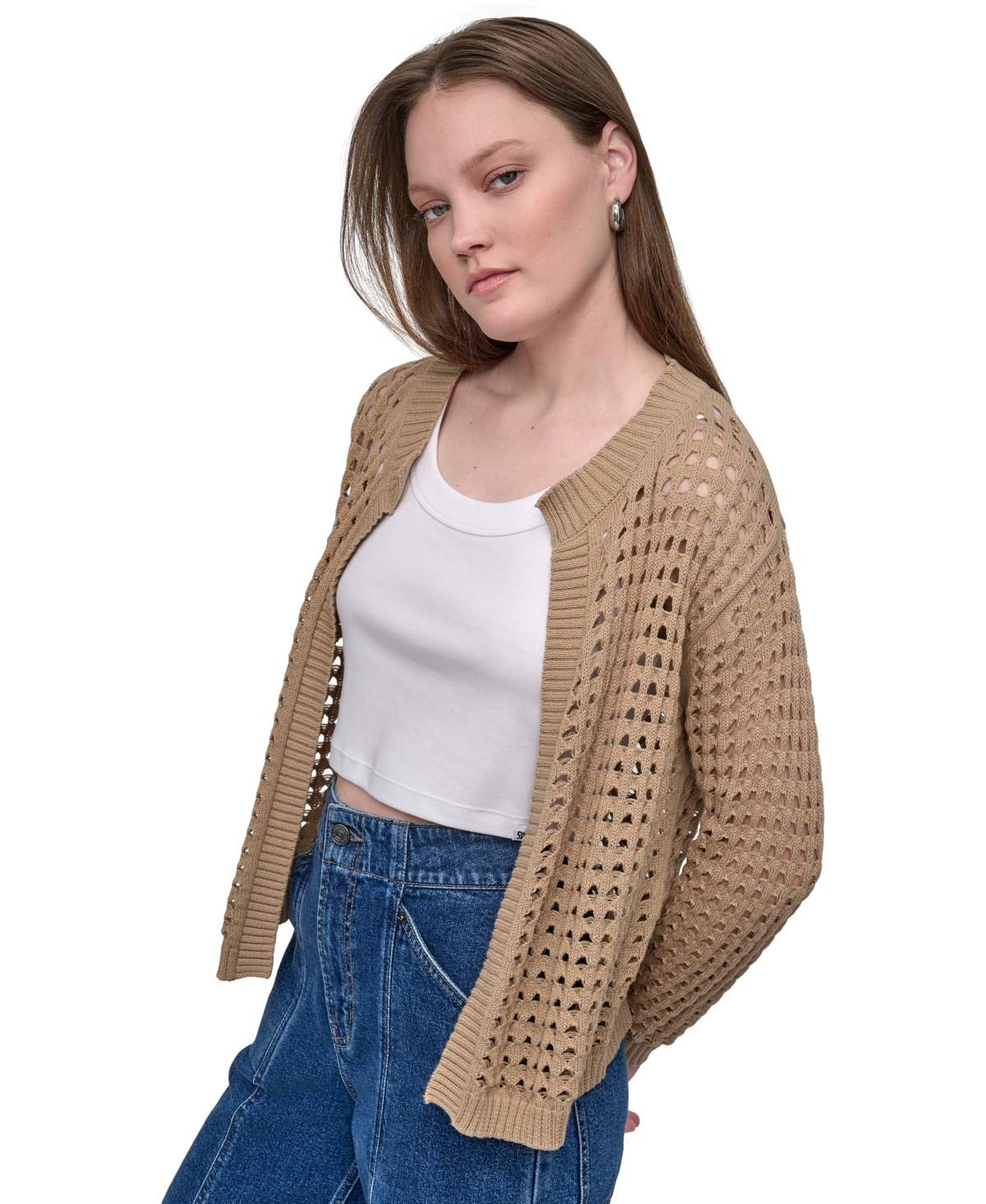 Dkny Jeans Women's Open-stitch Drop-shoulder Cardigan Sweater In Brown