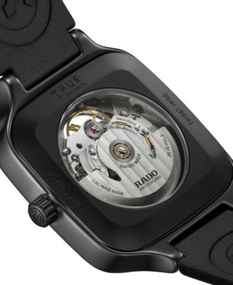 Unisex Swiss Automatic True Square Skeleton Black Rubber Strap Watch 38mm