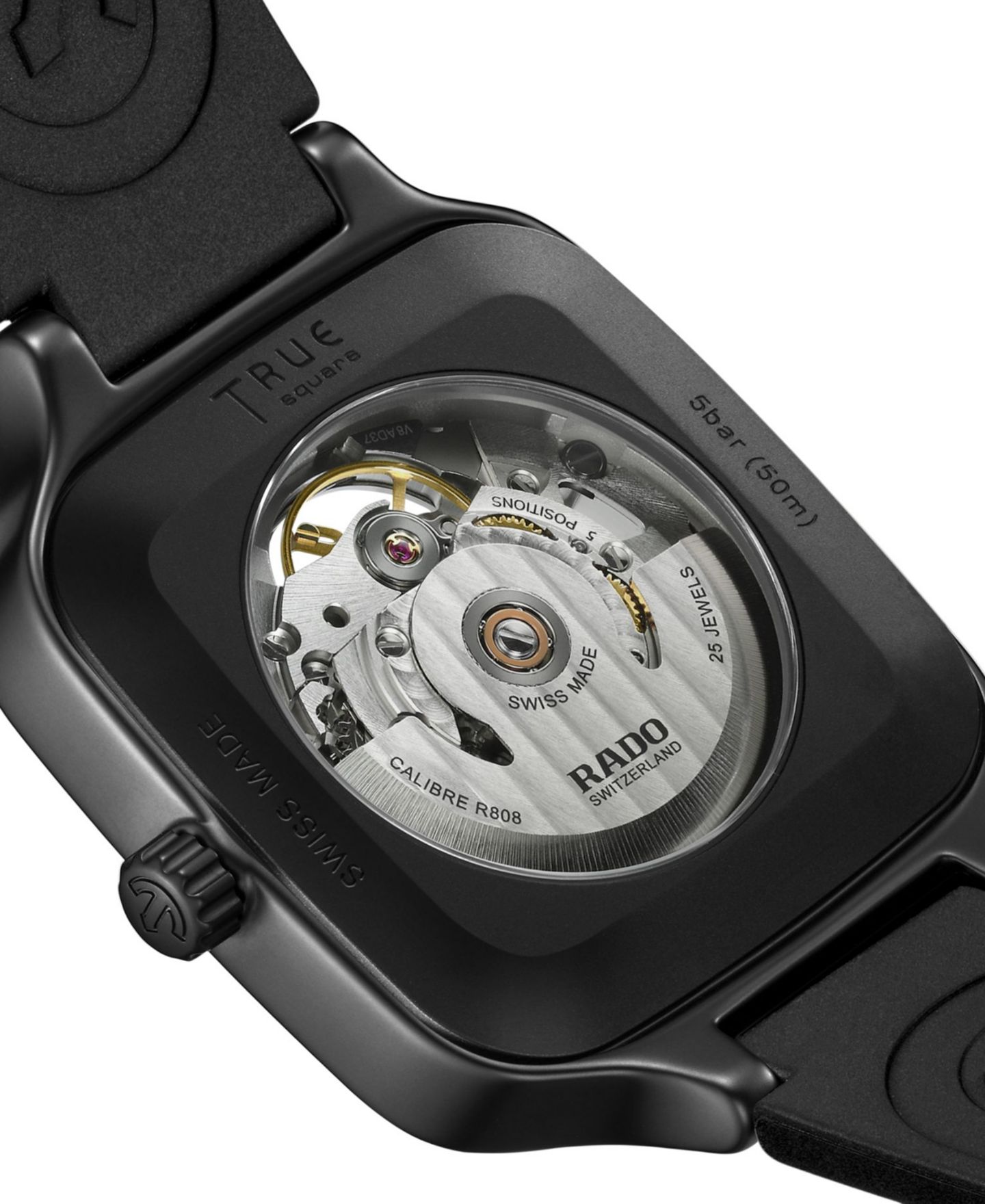 Часы Rado Unisex Swiss Automatic True Square Skeleton Black Rubber Strap Watch 38mm — фото 2