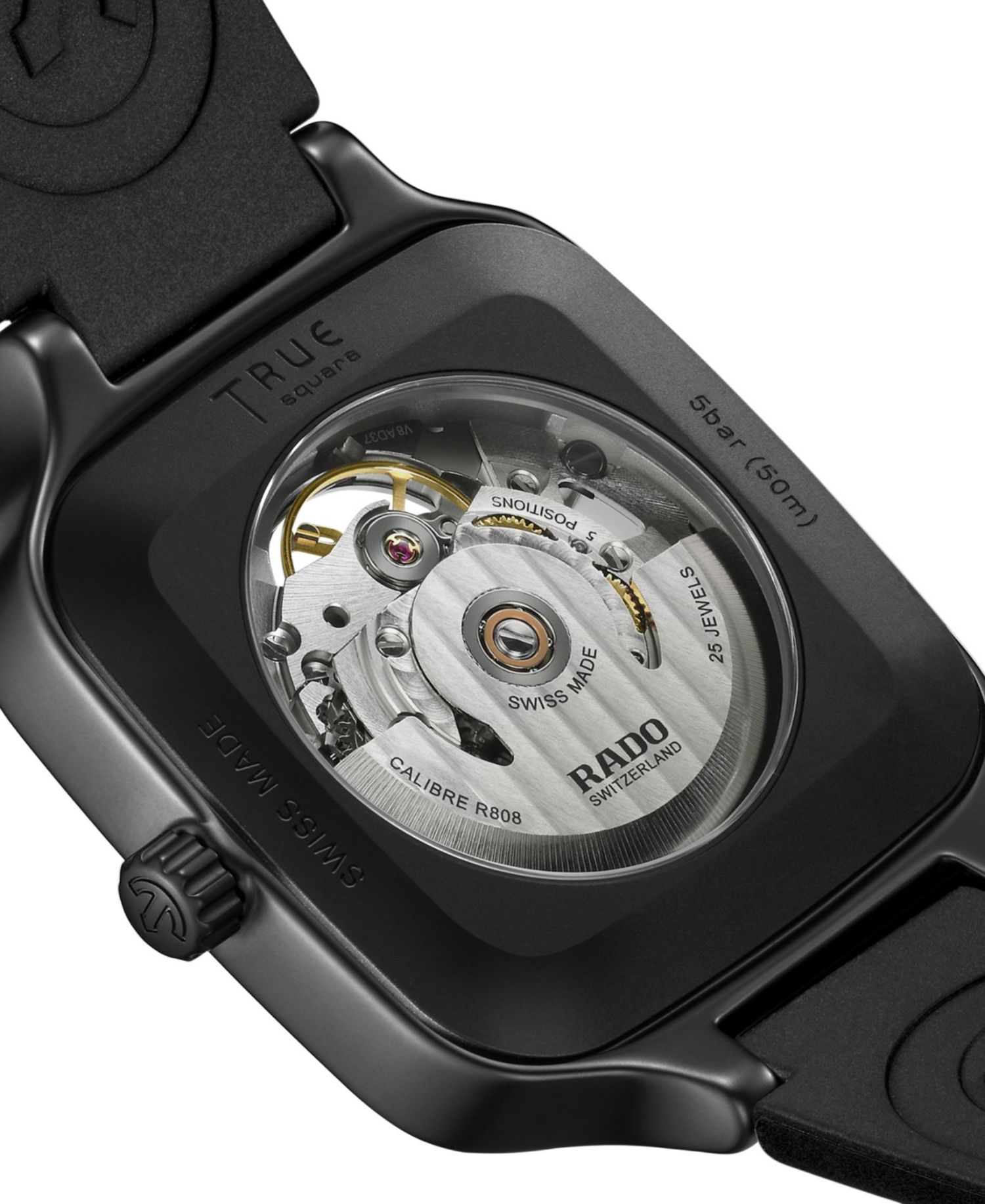 Unisex Swiss Automatic True Square Skeleton Black Rubber Strap Watch 38mm