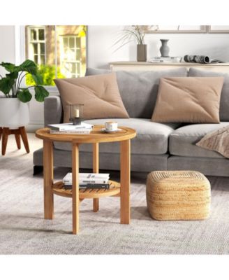 Outdoor Teak Wood Round Side Table Patio End Table with Slatted Storage Shelf