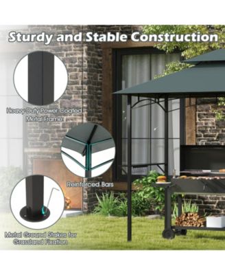 Outdoor Double-Tiered Grill Gazebo Canopy with 2 Shelves and 7 Hooks