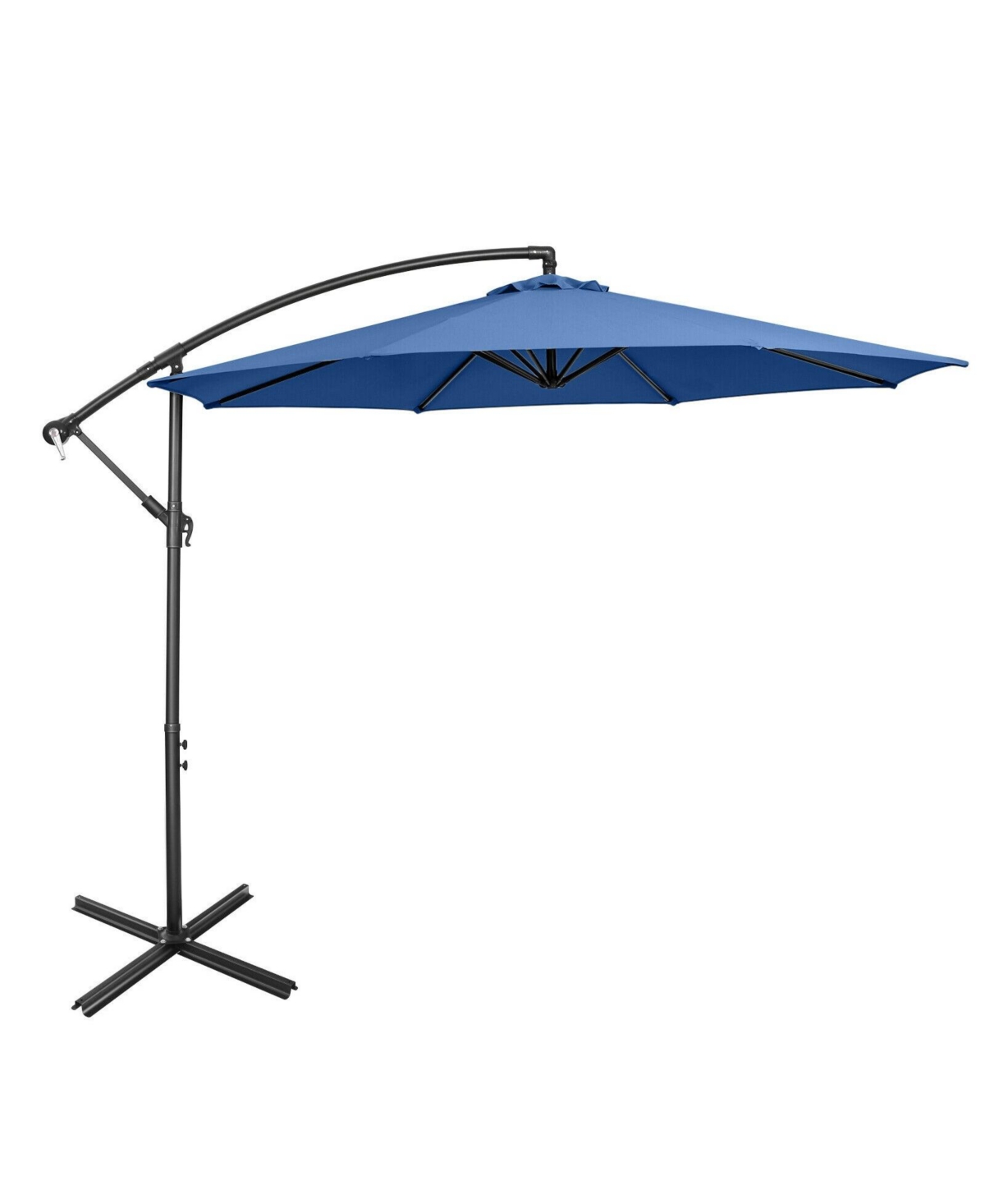 10 Feet Offset Umbrella with 8 Ribs Cantilever and Cross Base-Blue - Blue