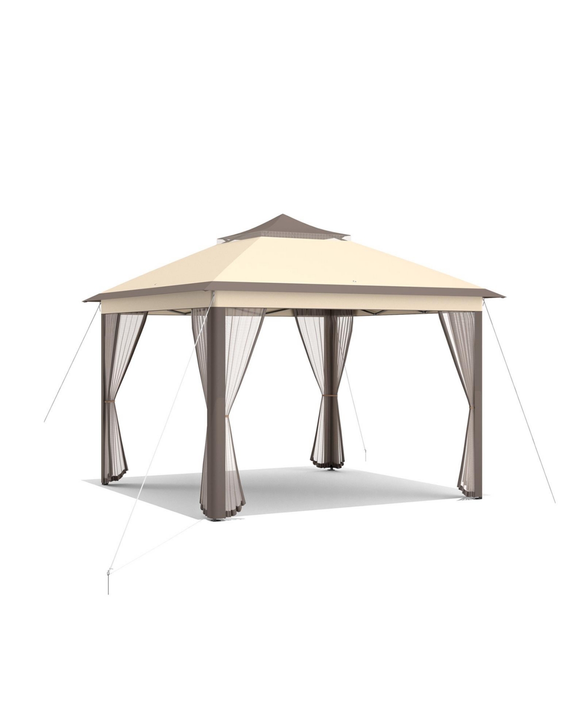 2-Tier Pop-Up Gazebo Tent Portable Canopy Shelter Carry Bag Mesh-Brown - Brown
