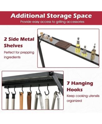 Outdoor Double-Tiered Grill Gazebo Canopy with 2 Shelves and 7 Hooks-Red