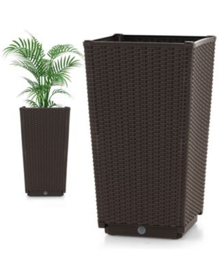 Outdoor Wicker Flower Pot Set of 2 with Drainage Hole for Porch Balcony-Brown