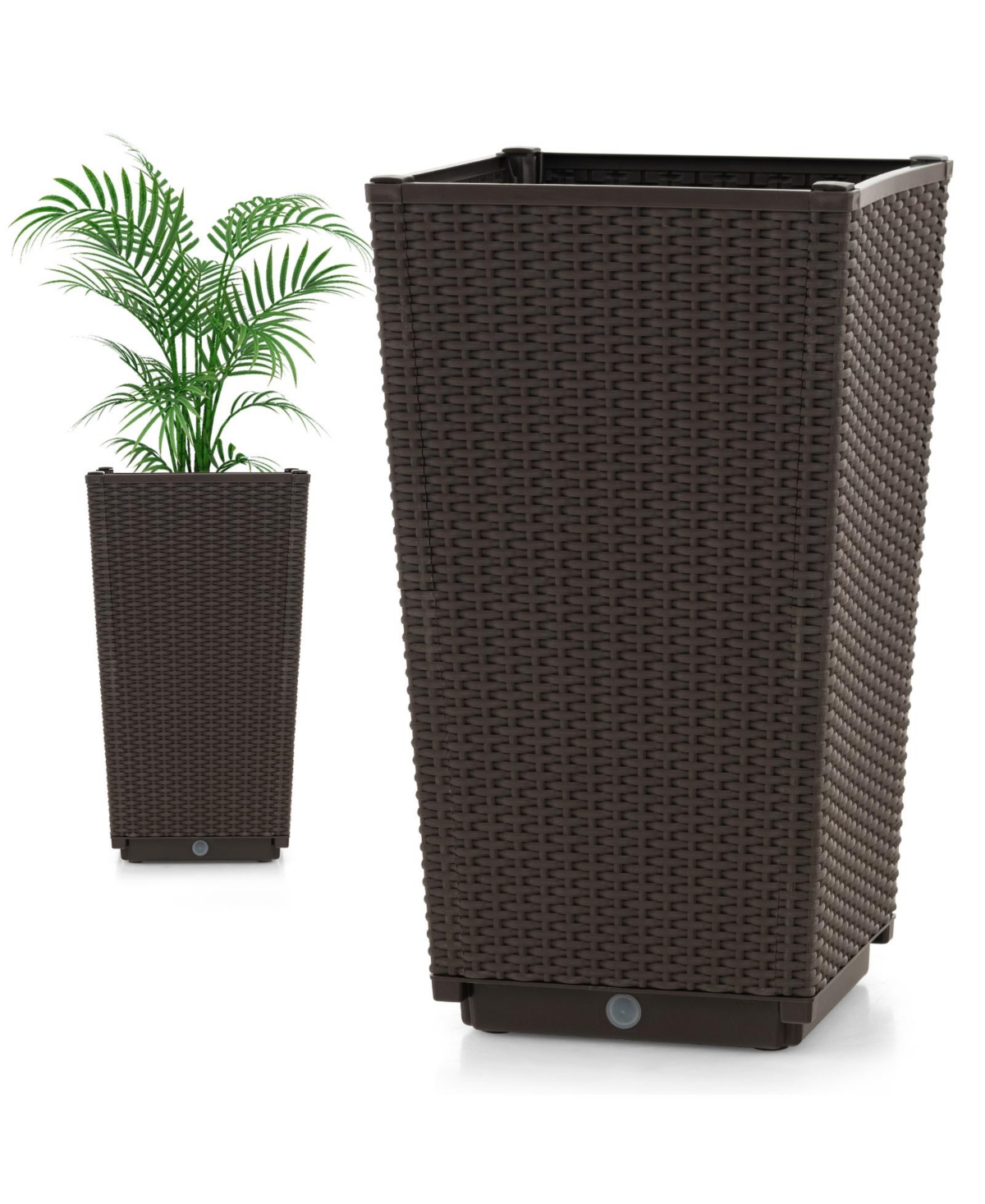 Outdoor Wicker Flower Pot Set of 2 with Drainage Hole for Porch Balcony-Brown