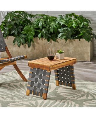 Outdoor Folding Side Table with Woven Accents, Wooden End Table for Living Room, 19 Inch Patio Side Table