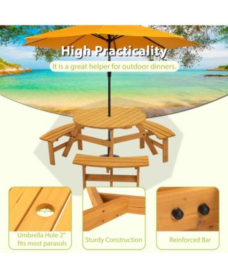 6-Person Natural Circular Wood Outdoor Picnic Table Seats 6 People with 3 Built-in Benches and Umbrella Hole