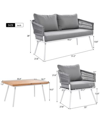 Patio Conversation 4-Piece Boho Rope Patio Furniture Set with Deep Seating and Thick Cushion, Outdoor Furniture with Acacia Wood Table