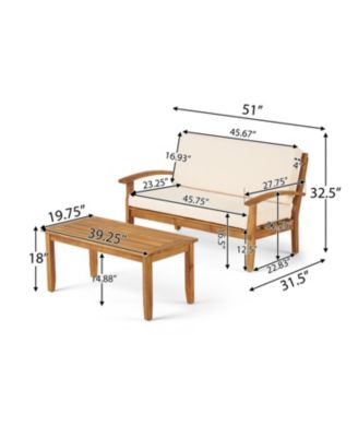 2 Pieces Acacia Wood Outdoor Loveseat with Coffee Table and Beige Cushions for Patio Backyard