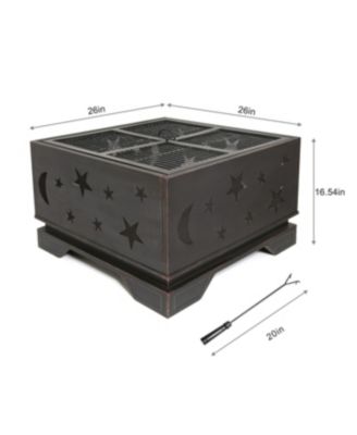 26 in Outdoor Square Wood-Burning Fire Pit Table with Grill and Poker  Large Burning Space Fireplace for Picnic Bonfires