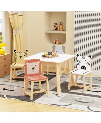 5 Piece Kiddy Table and Chair Set , Kids Wood Table with 4 Chairs Set Cartoon Animals