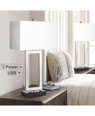 Todd 30" Tall Modern End Table Lamps Set of 2 USB Port AC Power Outlet Silver Brushed Nickel Finish Metal Charging