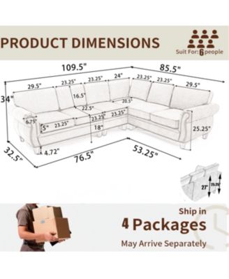 Streamdale 109.5" Light Gray Chenille Sectional Sofa, Rivets & Rolled Arms