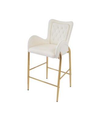 28.75inch Counter Height Bar Stools Set of 2, Bar Height Arm Chairs, Velvet Fabric Stools with Golden Legs and Footrests, White
