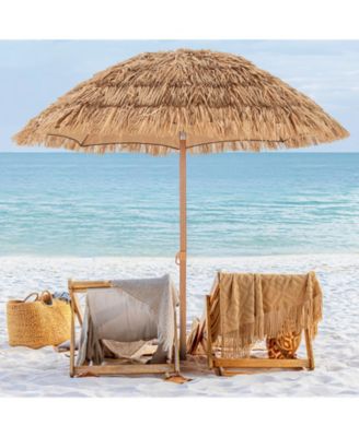 6.5 Feet Thatched Tiki Umbrella with Foldable Stand Push Button Tilt-Natural