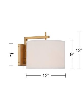 Adair Modern Wall Lamps Set of 2 Warm Brass Metal Plug-in 12" Light Fixture Linen Drum Shade for Bedroom Reading Living Room Hallway Home