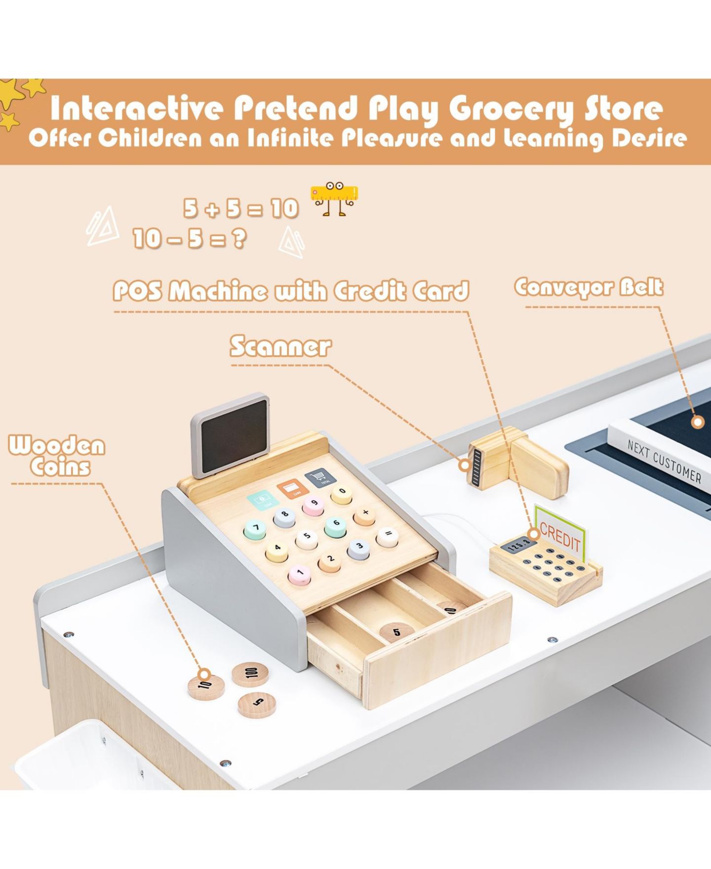 Детский игровой набор Mecale Supermarket Shopping Playset with Scanner, Swipe Machine & Cart, Ages 3+, цвет: Натуральный — фото 5