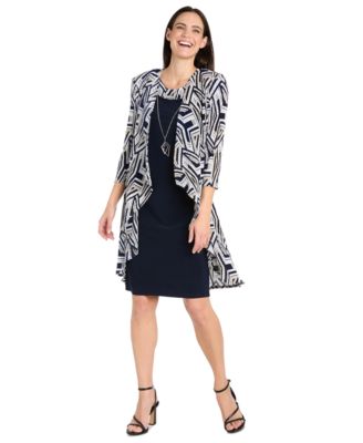 R & M Richards - Women's Geo Printed Crinkle Jacket and Necklace Dress Set