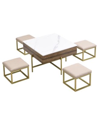 Modern Square Lift-Top Coffee Table Set with Storage & 4 Ottomans
