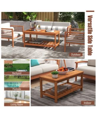 2-Tier Patio Coffee Table with Slatted Tabletop and Shelf