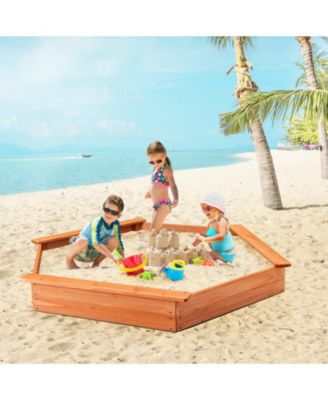 Hexagon Wooden Cedar Sand Box w Seat Boards