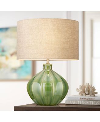Gordy Modern Accent Table Lamps 20 1/2" High Set of 2 Ribbed Green Ceramic Oatmeal Fabric Drum Shade for Bedroom Living Room Nightstand