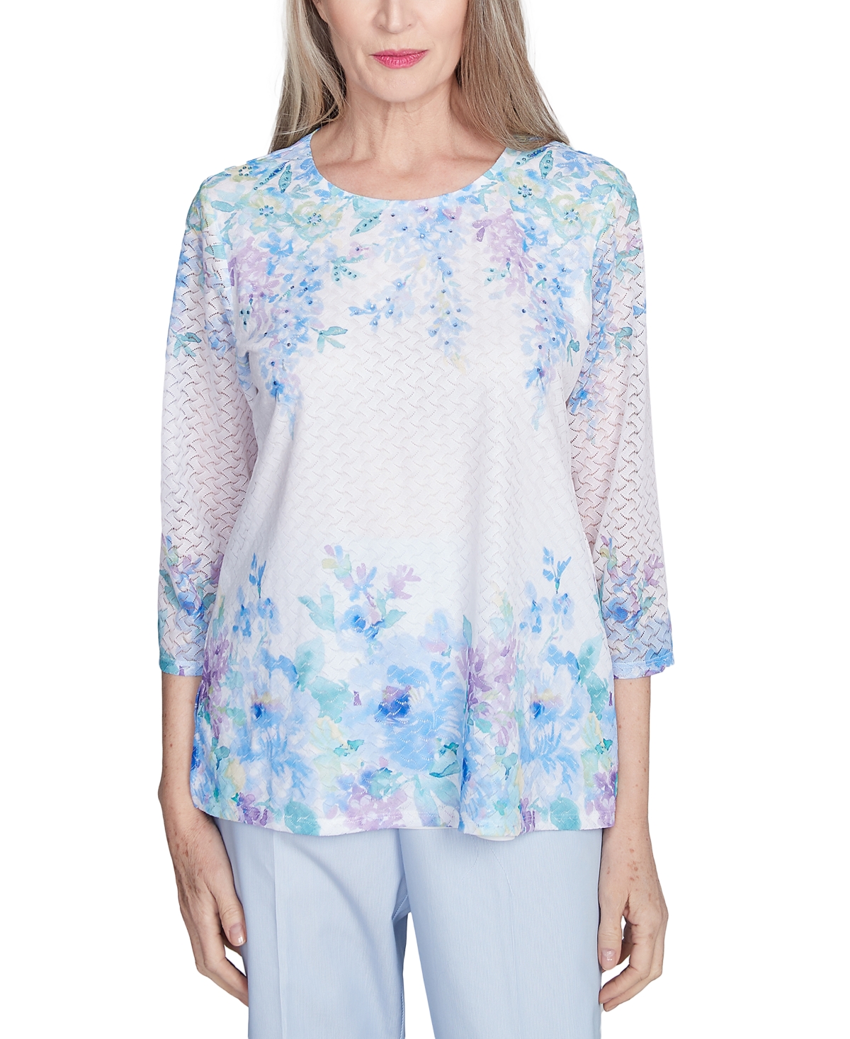 Alfred Dunner Plus Size St. Thomas Textured Sky Blue Floral Border Top In Multi