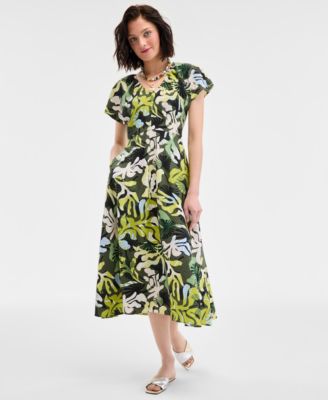 Womens Leaf Print Midi Dress Catryn Slide Flat Sandals Layered Pendant Necklace Exclusively At Macys