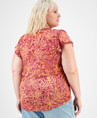 Trendy Plus Printed Flutter-Sleeve Top