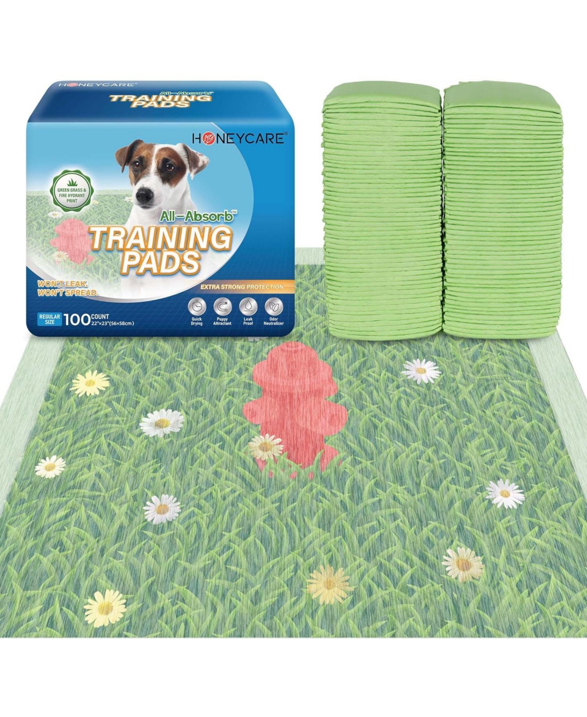 Dog Training Pads with Printed Grass & Fire Hydrant, Odor Eliminating Puppy Pads Premium Dog Pads 22x23 inch, 200ct - Green