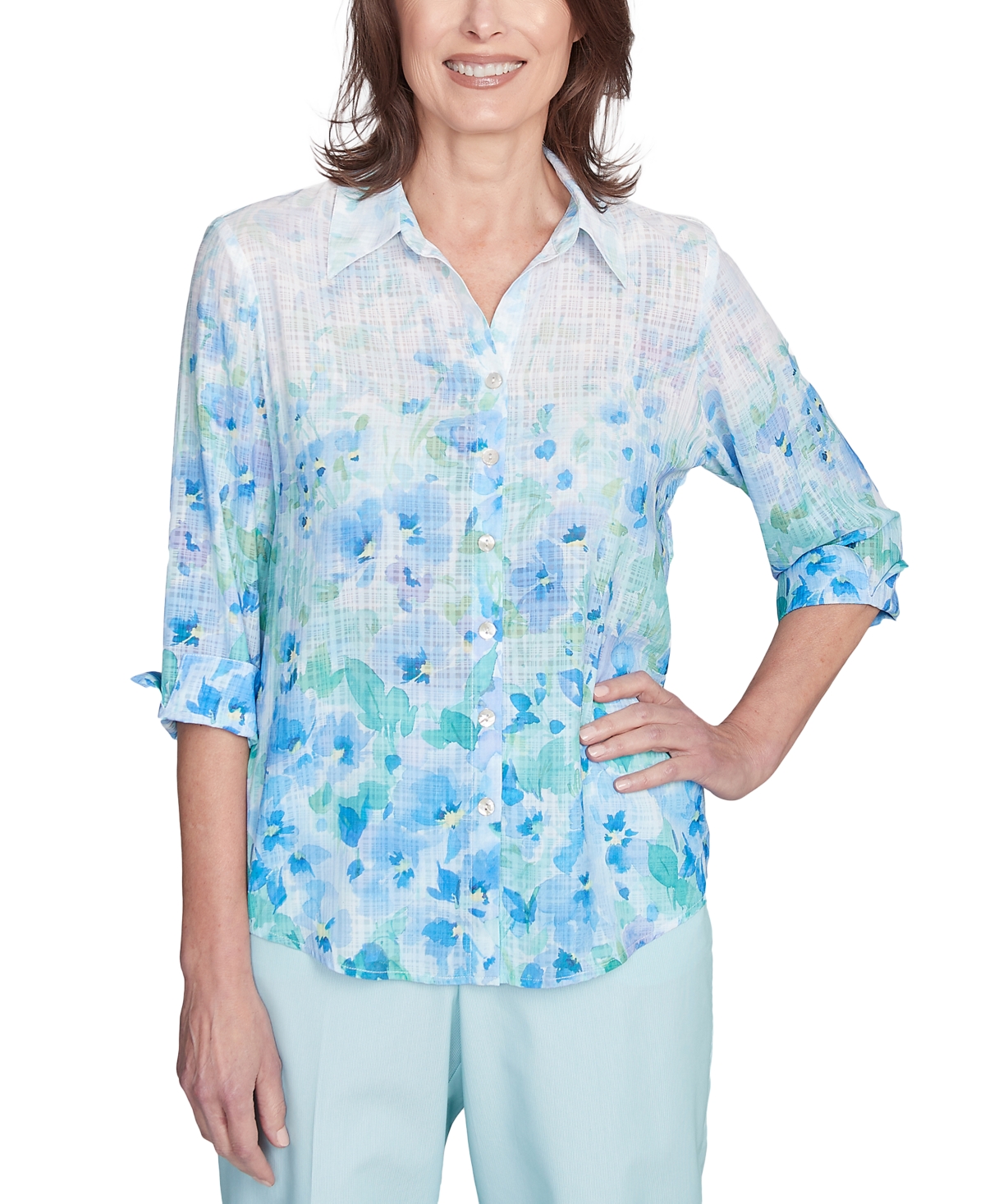 Alfred Dunner Plus Size St. Thomas Border Floral Button Down Top In Multi