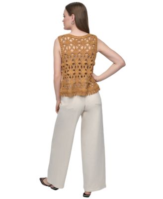 DKNY JEANS WOMENS CROCHET SCOOP NECK COTTON TOP HIGH RISE TAILORED WIDE LEG JEANS 