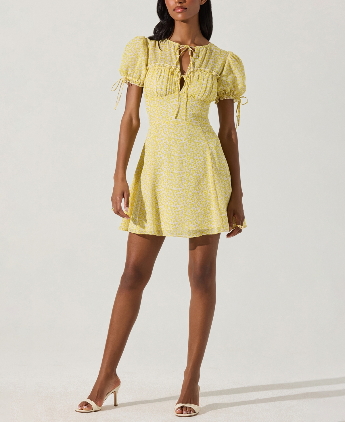 Women's Puff-Sleeve Bow-Detail Dress - Yellow Ditsy Floral