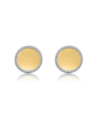 Two-Tone Round Milgrain Medallion Stud Earrings in White Gold Plated & 14K Gold Plated