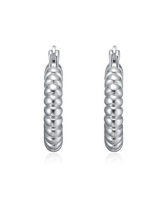 Tubular Ribbed Round Hoop Earrings in White Gold Plated or 14K Gold Plated