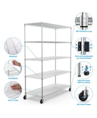 5 Tier 7500lbs Heavy Duty Adjustable Storage Rack Metal Shelf Wire Shelving Unit with Wheels & Shelf Liners - 82" H x 60" L x 24" D - Chrome