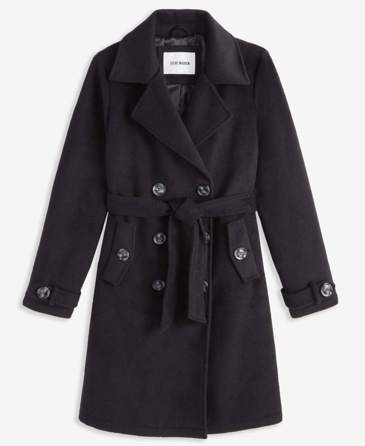 Steve Madden Plus Size Double-breasted Belted Trench Coat In Black