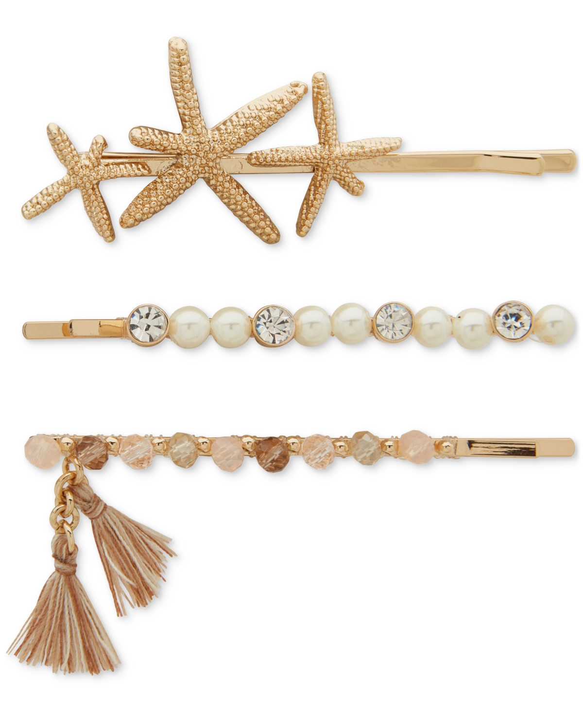 3-Pc. Gold-Tone Crystal & Imitation Pearl Starfish Bobby Pin Set - White/Gold