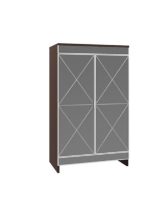 Elegant Decor Mirrored Cabinet with Silver Edging, Mirrored Cabinet with Double Door Storage, Shoe Storage Cabinet for Entryway, Glass+Brown Finish