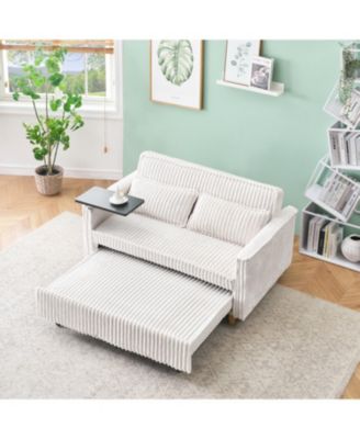 Corduroy Pull-Out Sofa with Tabletop and USB Ports