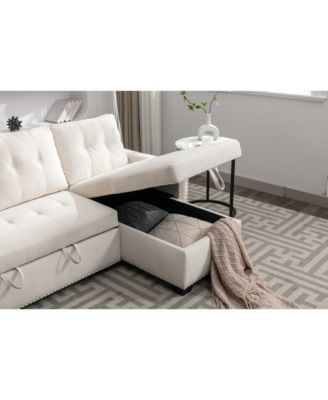 77" Reversible Sleeper Sectional With Storage, Beige Velvet