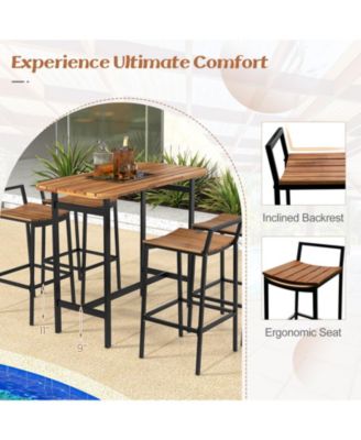 5 Piece Acacia Wood Bar Table Set Bar Height Table and Chairs with Metal Frame and Footrest